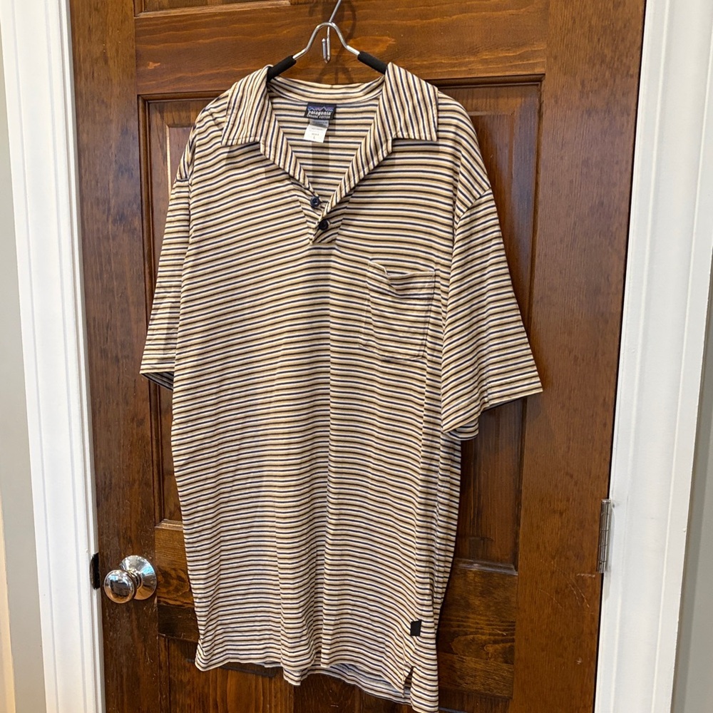 Patagonia Beige and Black Striped Short-Sleeve Polo
